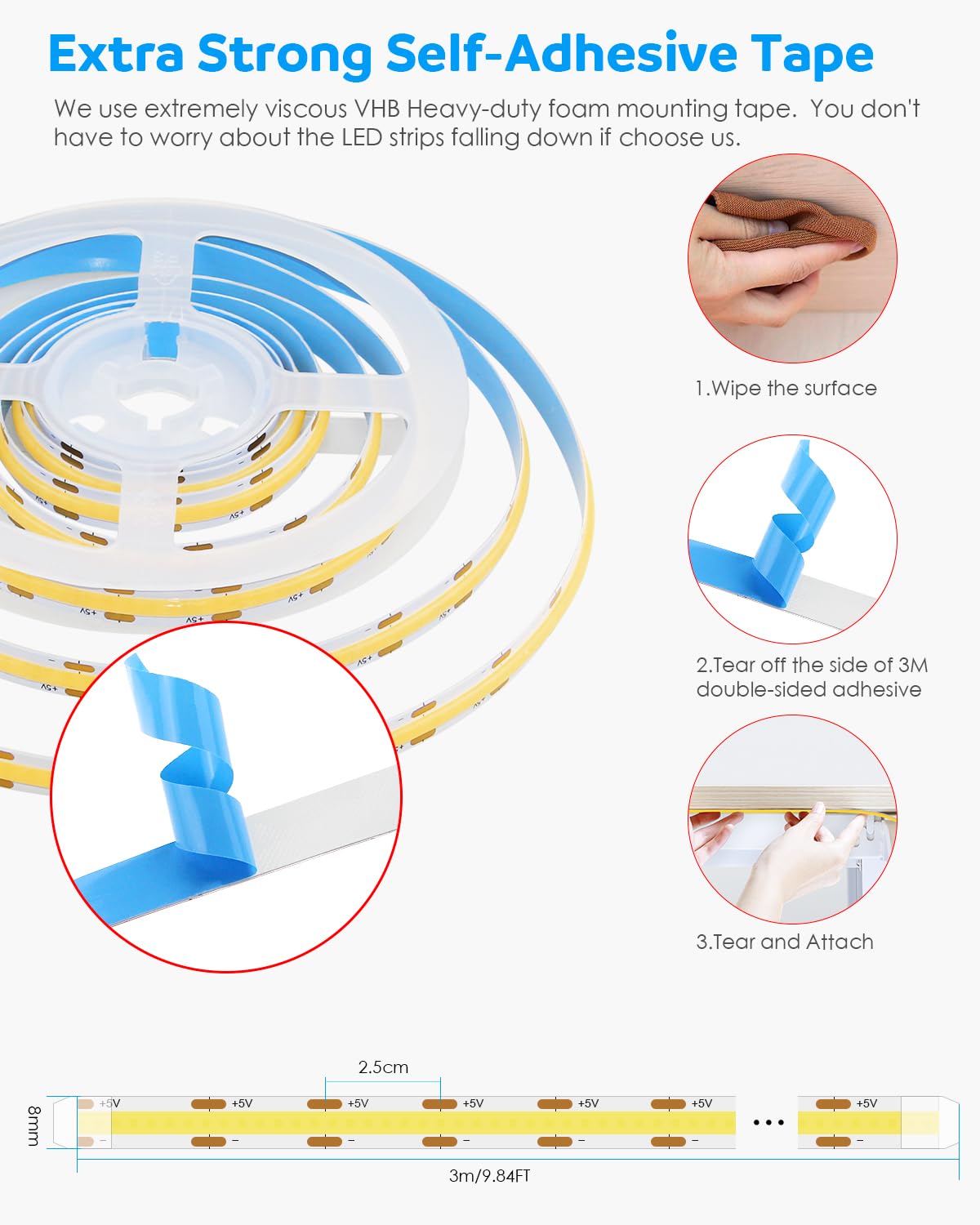 Aclorol 3M COB LED Strip Light Warm White 3000K 5V USB Flexible LED Light Strip 8mm Width Dimmable CRI85+ Dotless Tape Light High Density 320LEDs/M for Bedroom Kitchen Under Cabinet Home Decor