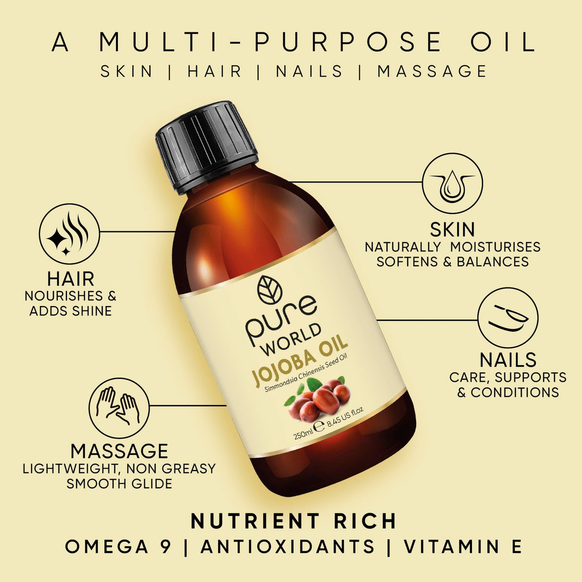 Pure World Natural Castor Oil 250ML Cold & Freshly Pressed 100% Pure and Undiluted Hexane Free Nourish Your Skin and Hair Eyebrows, Nails, Beard, Hair, Eyelash Growth Food Grade