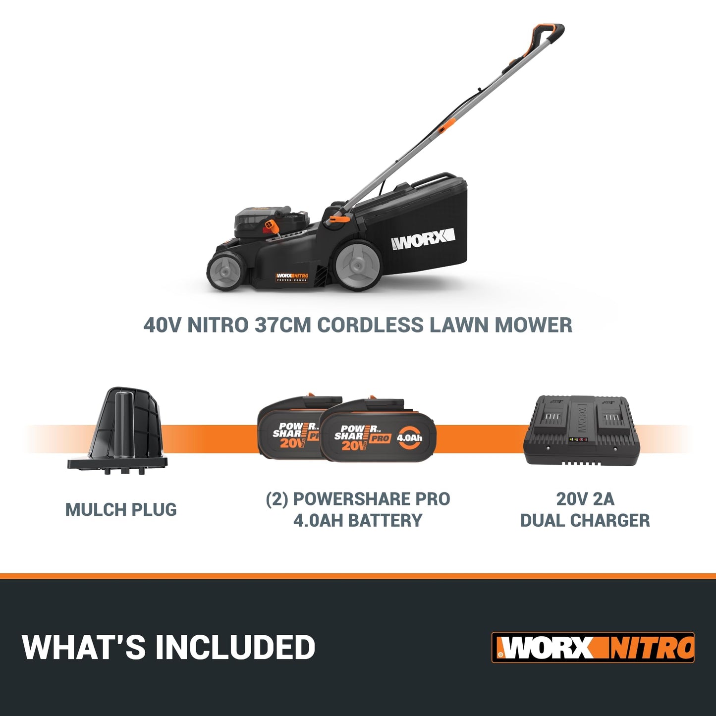 Worx WG779E.2 40V 34cm Cordless Lawnmower, ideal for Gardens up to 230㎡, Cut-to-Edge, striped Lawn Roller, foldable Handle, PowerShare, includes 2x 2.0Ah Batteries, Charger & 30L Grass collection bag