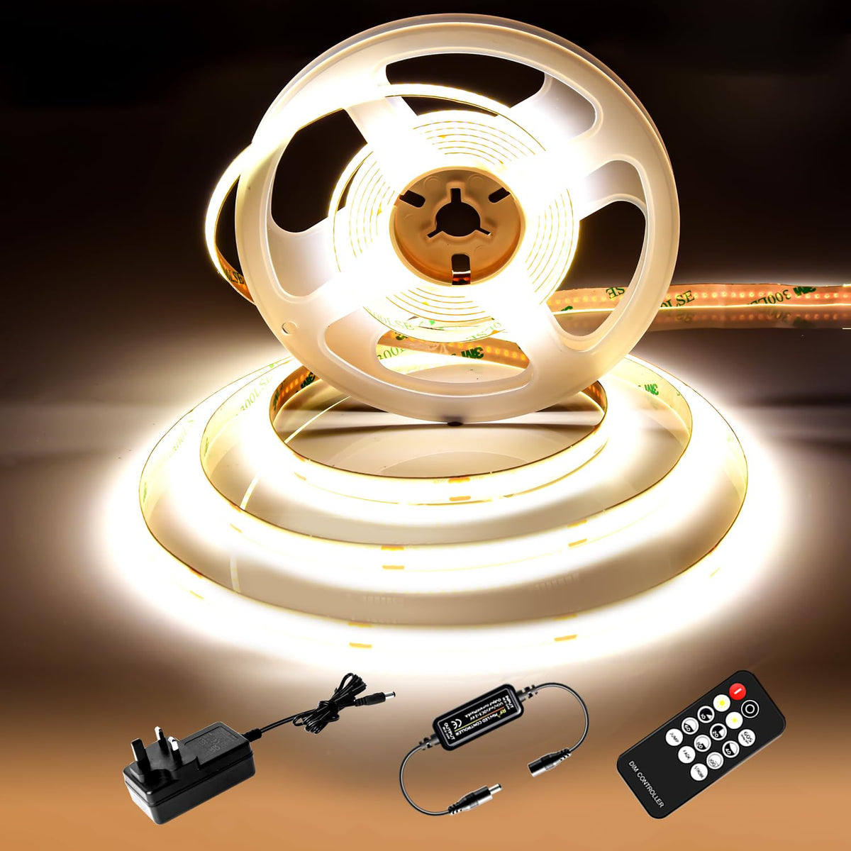 COB LED Strip 7.5m Warm White, 3000K, 24V, Remote Control, 8mm Wide