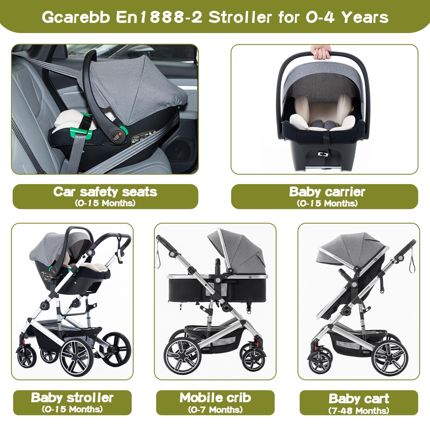 Gcarebb 3 in 1 Prams Travel System, Pushchair with Height Adjustable Handle, Travel Pram with Mosquito Net, Baby Stroller with Aluminum Frame for Newborn 0-4 Years
