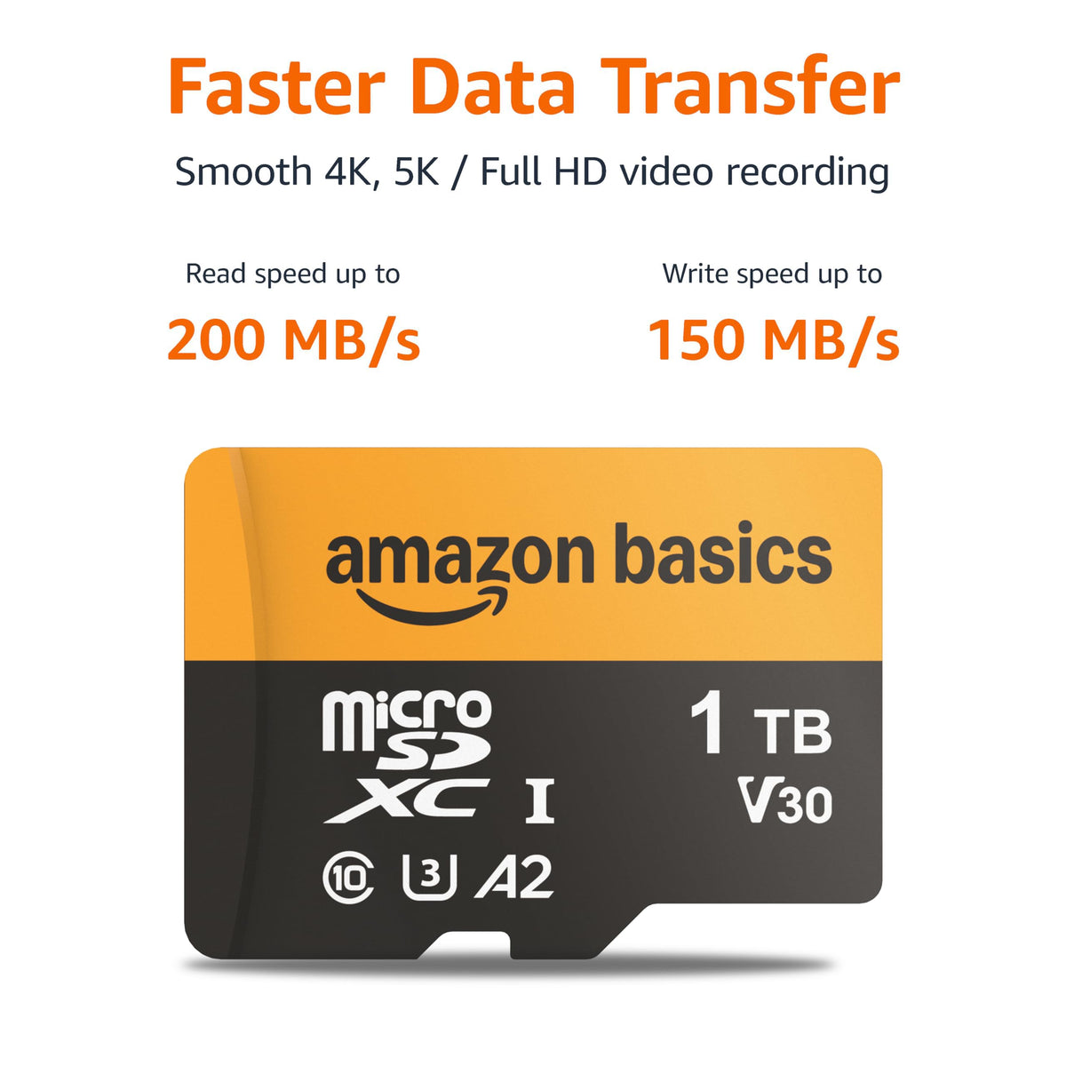 Amazon Basics microSDXC Memory Card with Full Size Adapter, A2, U3, Read Speed up to 100 MB/s, 128GB, Black
