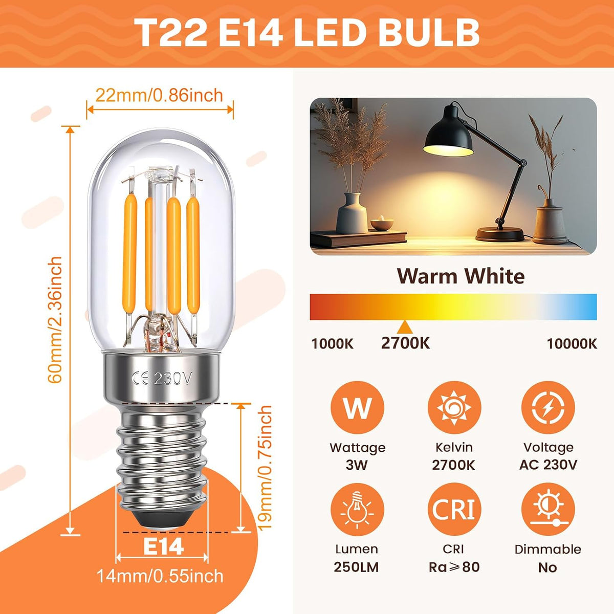 E14 Cooker Hood Light Bulbs Cool White 6000K, 400LM, 230V, T25 LED 4W Replacement for E14 Tubular Bulb 40W 28W, Small Screw Extractor Fan Bulbs, ses Retro Filament LED, Not Dimmable, pack of 2