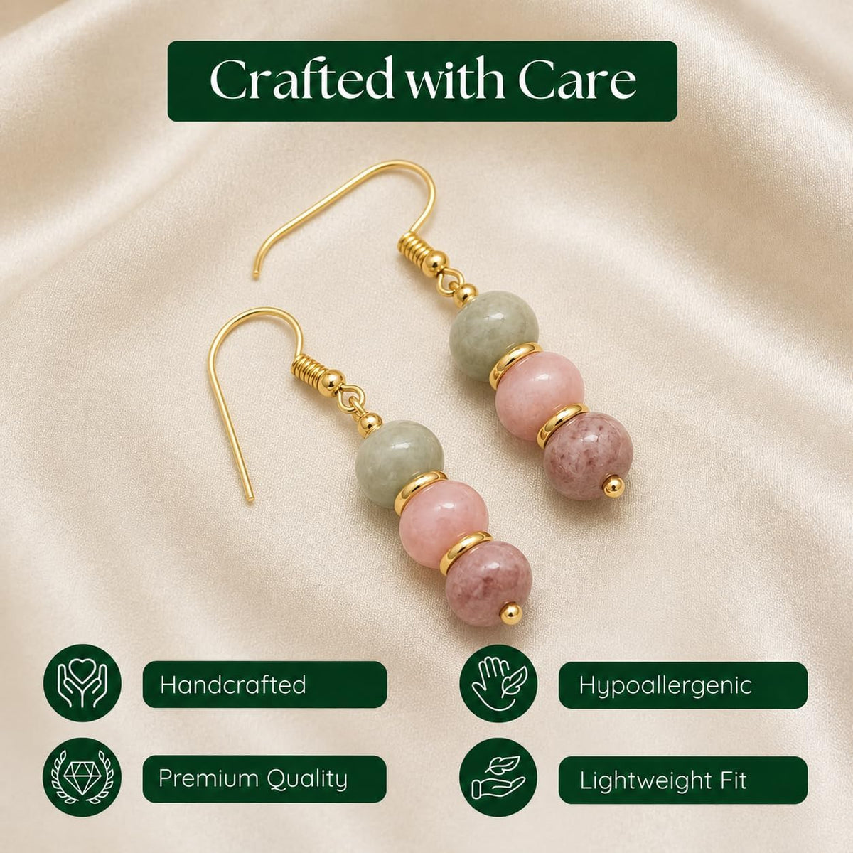 Gempires Natural Gemstone Rondelle Bead Earrings for Women | 8mm Beaded Drop Dangle Earrings | Gold Plated Hypoallergenic Hook Jewelry | Handmade Lightweight Crystal Earrings
