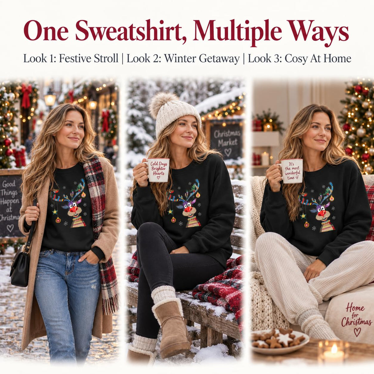Christmas Jumpers Women Reindeer Graphic Print Sweatshirts Ladies Xmas Tops
