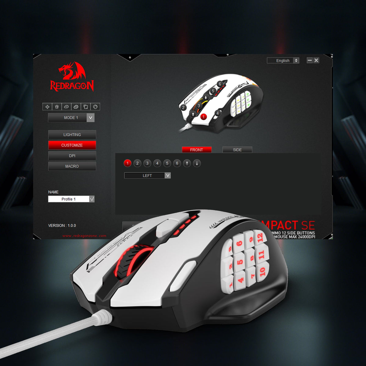 Redragon M908 Impact RGB LED MMO Gaming Mouse With 12 Side Buttons, Optical Wired Ergonomic Mouse with Max 12,400DPI, High Precision, 18 Programmable Macro Shortcuts, Comfort Grip