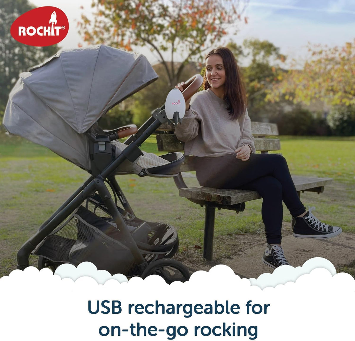 Rockit Rocker Rechargeable Pram Rocker - Baby Pushchair Rocking Device, Soothing Motion for Stroller or Buggy, Adjustable Speed, 60 Minute Timer, Universal Fit