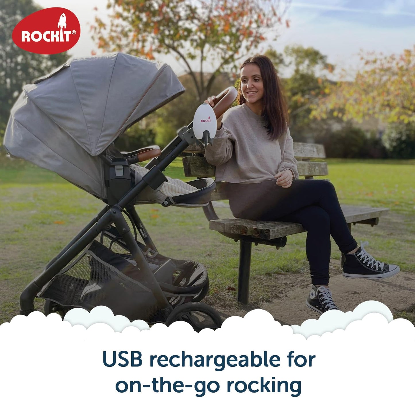Rockit Rocker Rechargeable Pram Rocker - Baby Pushchair Rocking Device, Soothing Motion for Stroller or Buggy, Adjustable Speed, 60 Minute Timer, Universal Fit