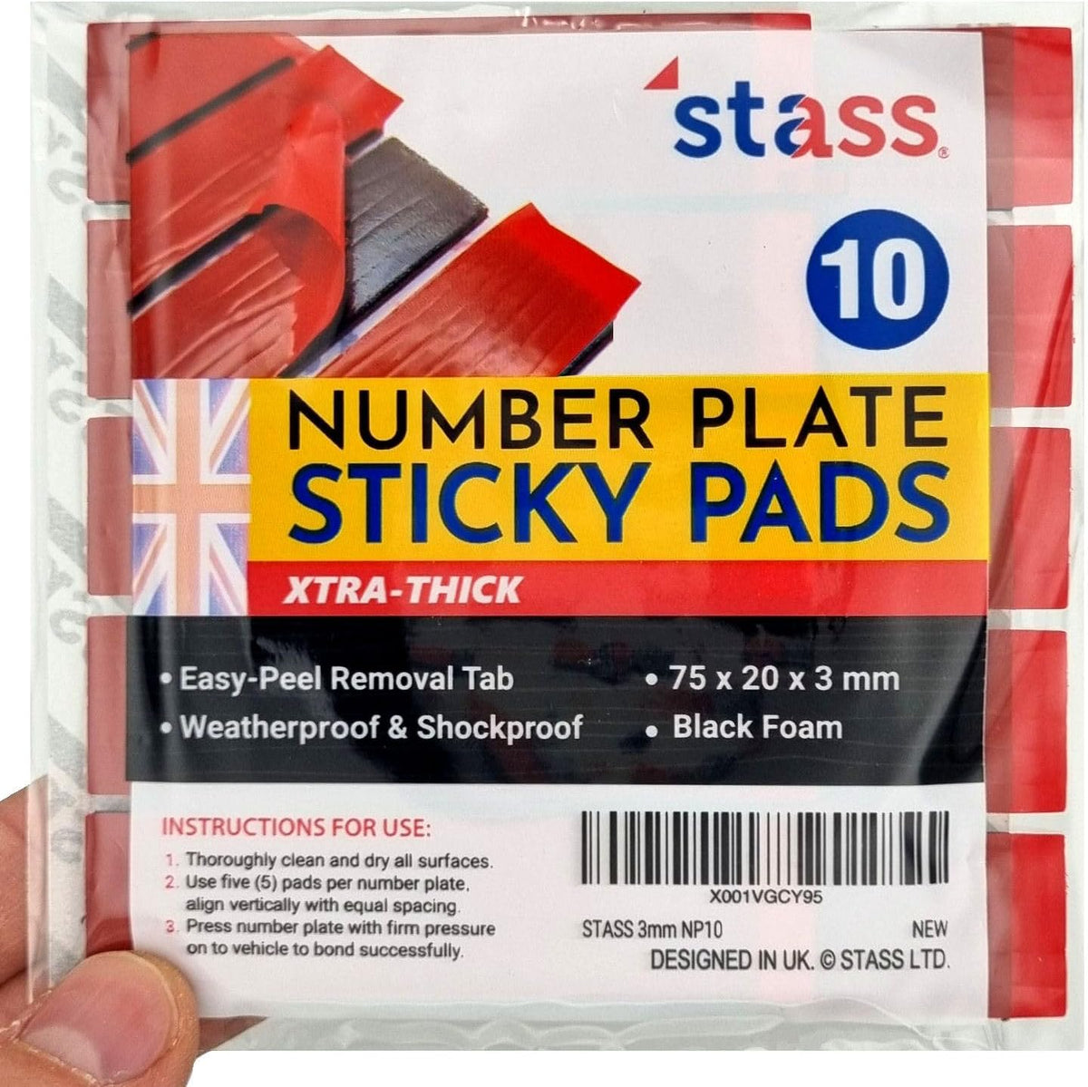 STASS "XTRA-THICK" Number Plate Sticky Pads, Heavy Duty, Extra Strong Double Sided Adhesive Pads for Vehicle Number Plates, Licence Plates, Car Registration, Mounting Tape (10 Strips, 3mm thick)