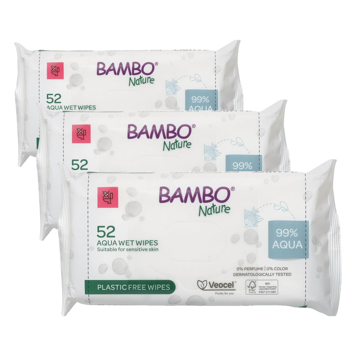 Bambo Nature Aqua Wet Wipes, 1 Pack (52 Wipes), 99% Water, Sensitive Skin Safe, Extra Soft Baby Wipes with 100% Veocel Viscose, Irritation Free for Delicate Skin, Fragrance Free, Ideal for Daily Use