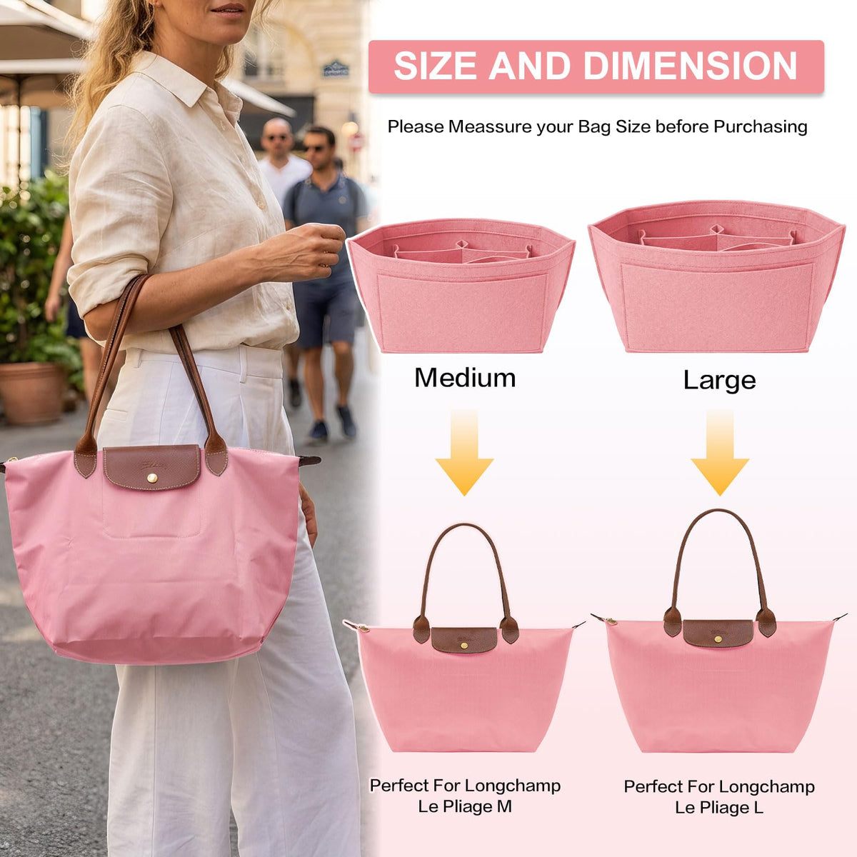 Multi-pocket felt tote bag for inserting a wallet, folding tote organizer insert Longchamp (khaki, L)
