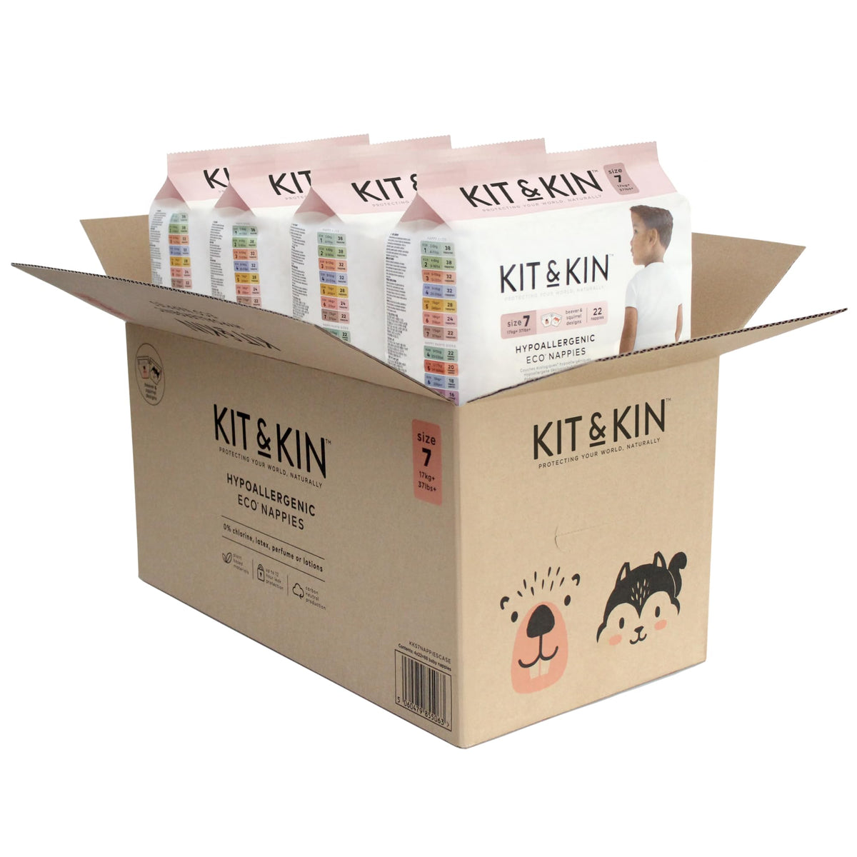 Kit & Kin Premium Baby Nappies Size 4 | 9-14 kgs / 20-31 lbs | Pack of 256 Nappies | Plant-Based Materials On Baby's Skin | Hypoallergenic | Superior up to 12 Hour Leak Protection