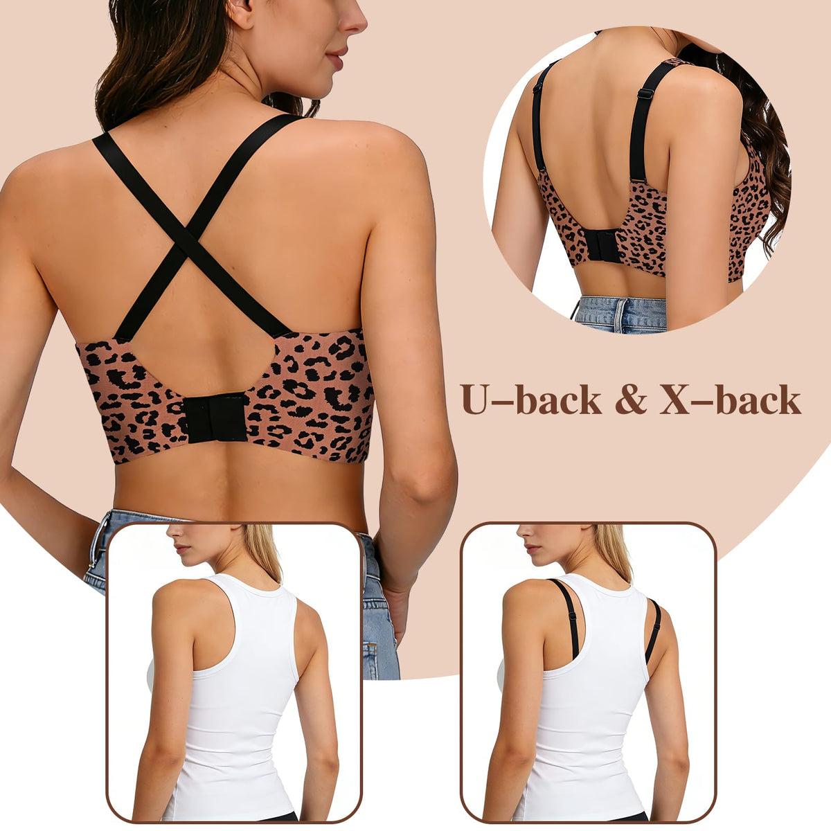 Seamless Jelly Bra,Full Cup Leopard Print Bra Comfort Sleep Jelly Push Up Bra Seamless No Under Wireless Bras for Women UK Everyday T Shirt Bras
