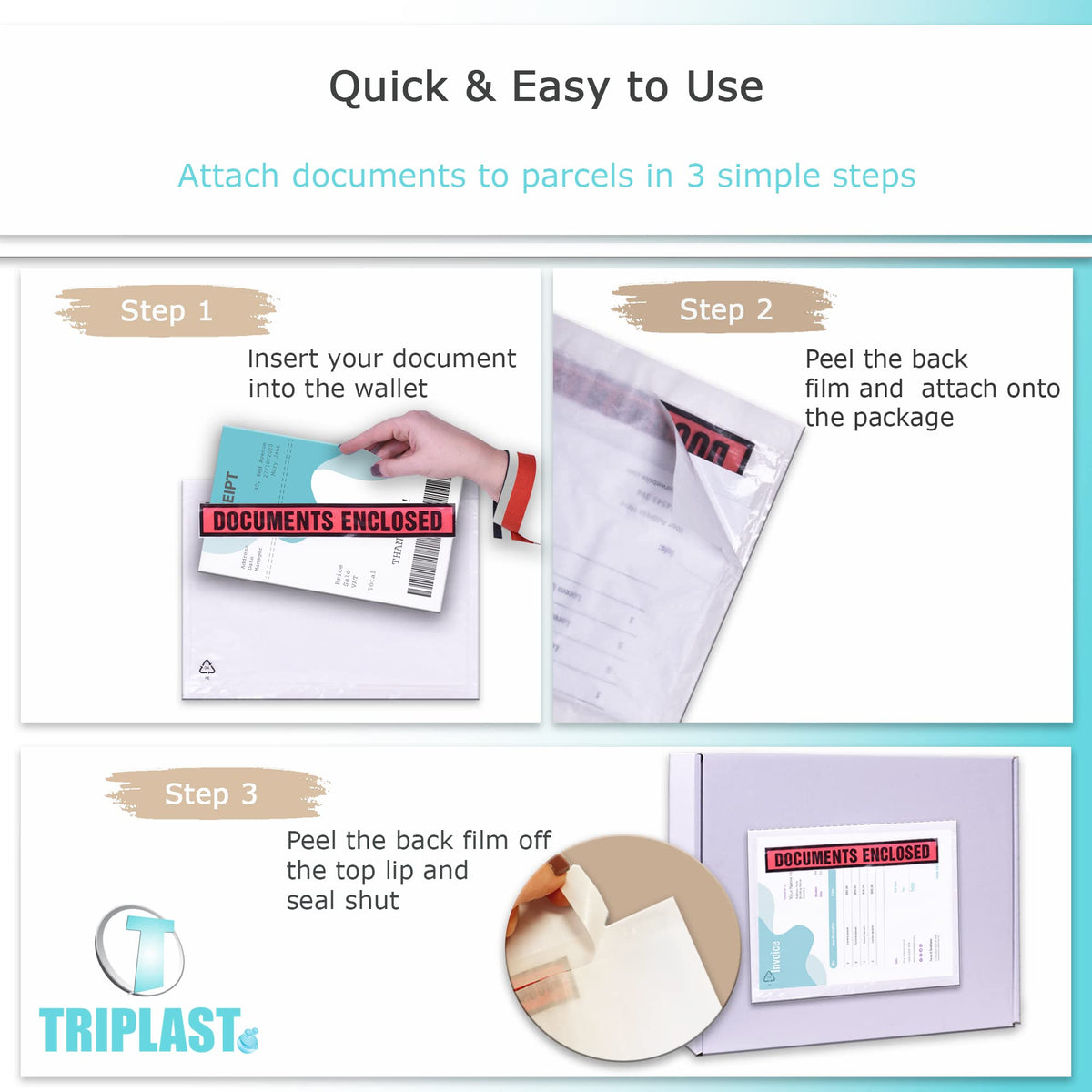 Triplast 200 x DL Printed Document Enclosed Wallet (230 x 110 mm) | Peel & Seal Clear Plastic Envelopes/Sleeves/Pockets/Wallets | Attach Invoices, Packing Lists & Delivery Notes to Parcels