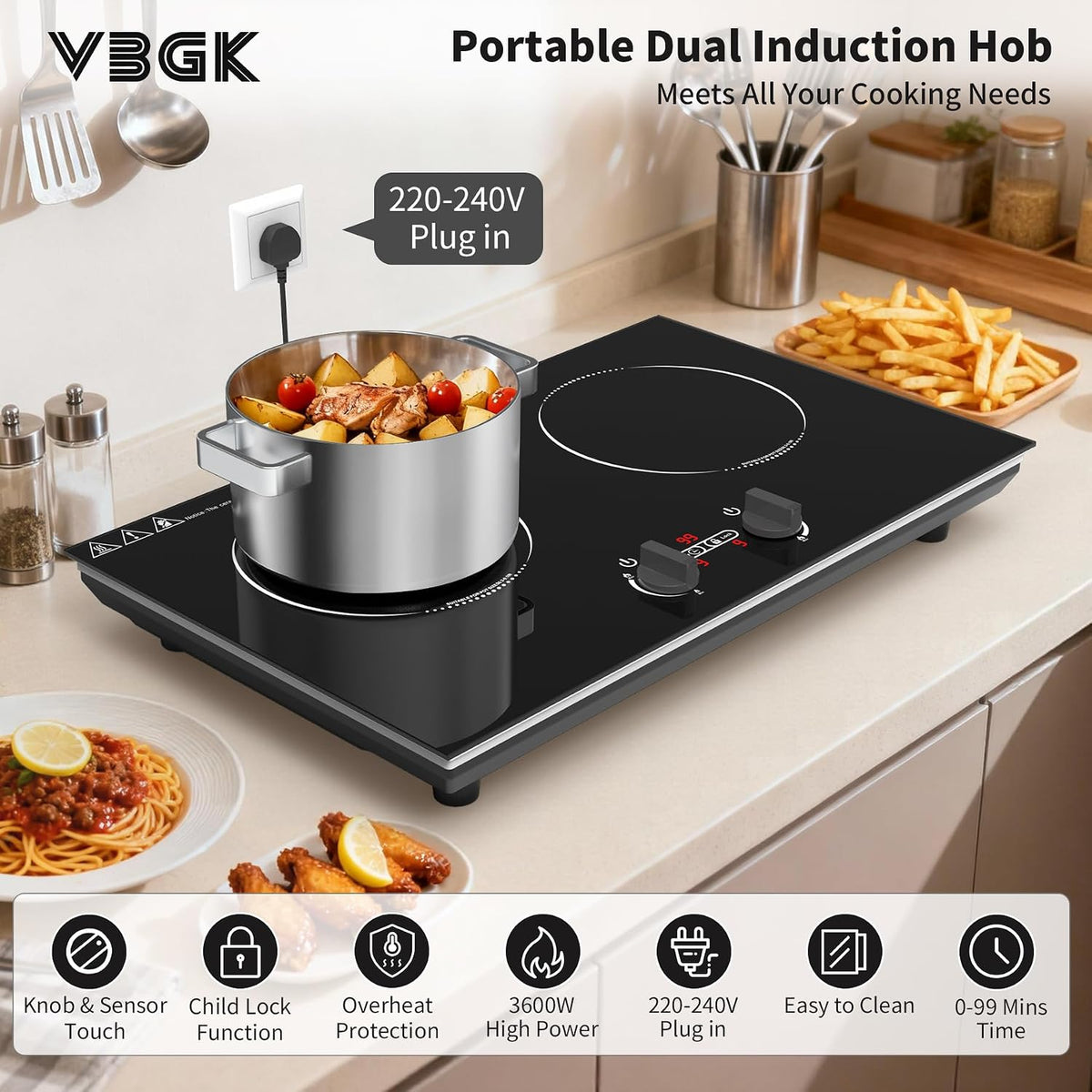 VBGK Double Induction Hob,220V 3600W 2 Ring Induction Hob with Knob Control,9 Power Levels, Kids Lock & Timer,LED Touch Control,Overheat Protection