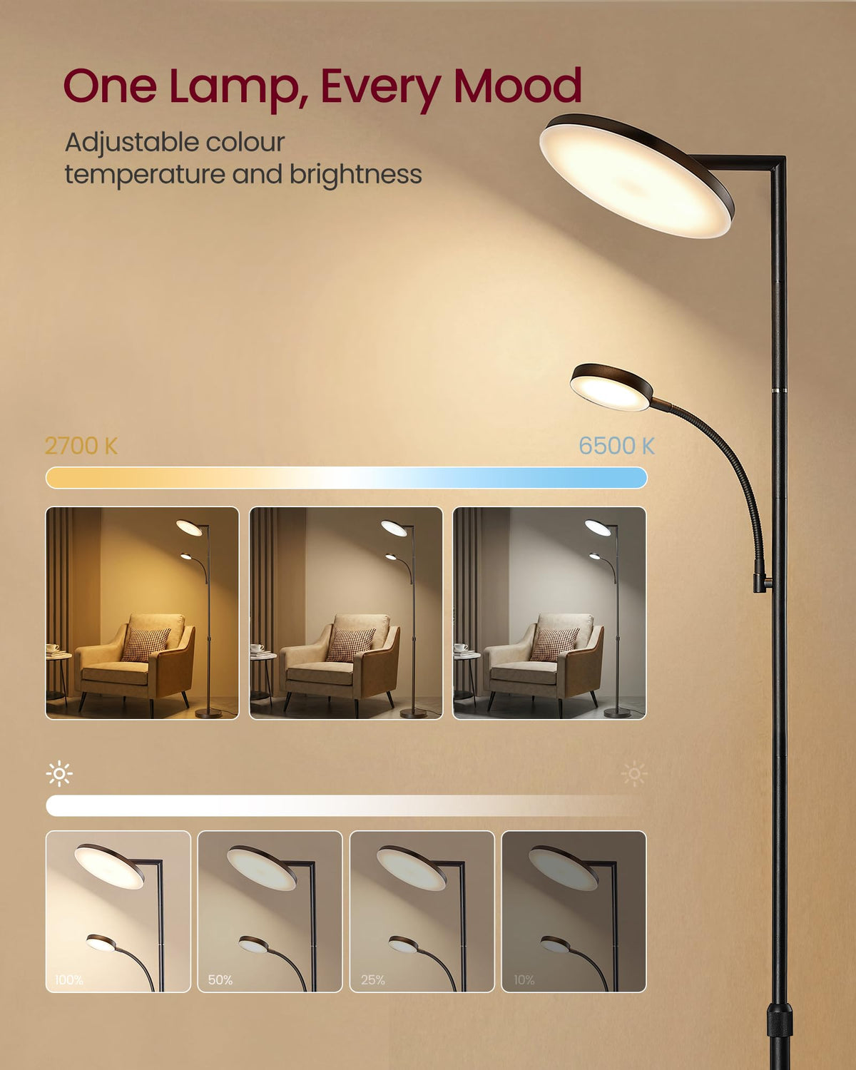 VASAGLE LUSIA LED Floor Lamp, Uplighter, Reading Light, 38.5x23.5x176cm
