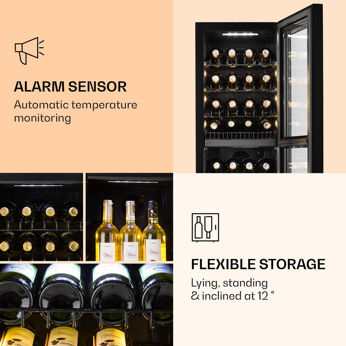 KLARSTEIN Shiraz Wine Cooler Black – 8 Bottles, 1 Zone | Freestanding Wine Fridge with Glass Door, Quiet, 5–18 °C, LED, Stainless Steel Frame