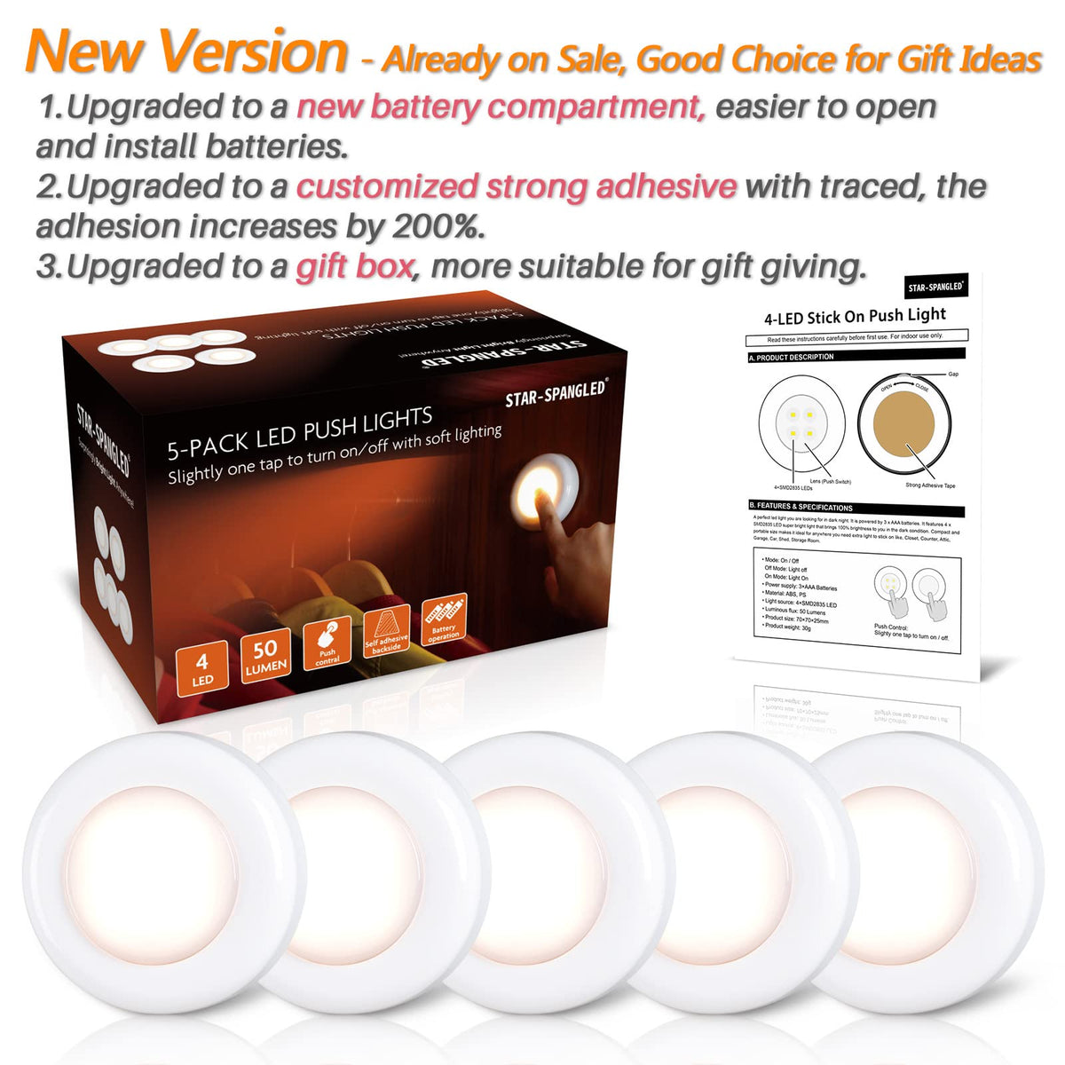 STAR-SPANGLED 2.8” Stick on Puck Lights AAA Battery Operated, 5 Pack White