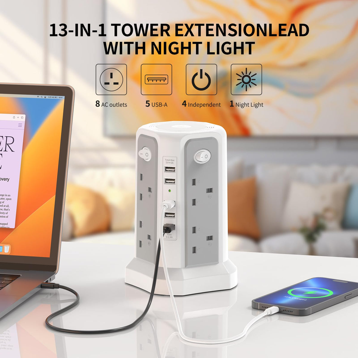 HAFINO Tower Extension Lead 3M with USB Slots and Night Light, 4 Switches