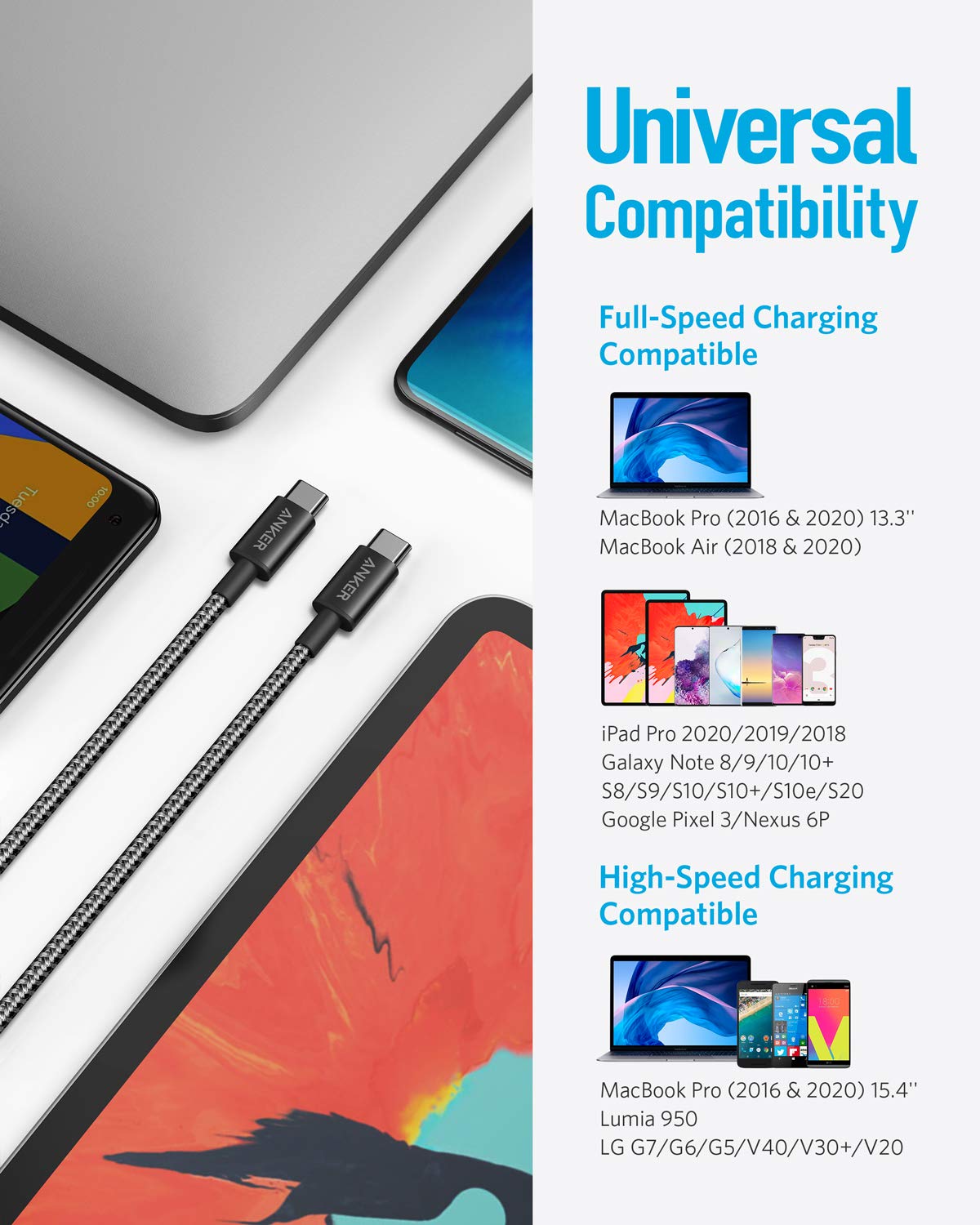 Anker USB C to USB C Charger Cable, 60W (3A) New Nylon (6 ft/1.8m, 2-Pack)
