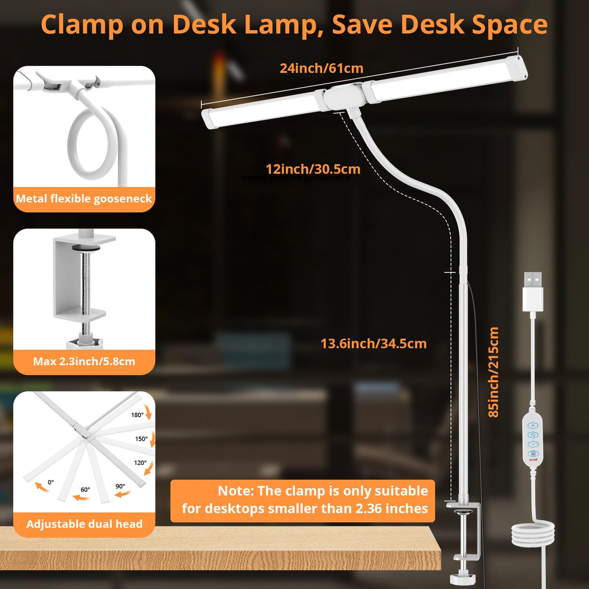Woputne Dual Head Led Desk Lamp with Clamp for Home Office Study, 24W,Black