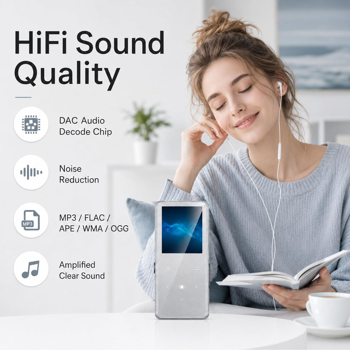 64GB MP3 Player with Bluetooth 5.2, AiMoonsa Music Player with Built-in HD Speaker, FM Radio, Voice Recorder, HiFi Sound, E-Book Function, Earphones Included