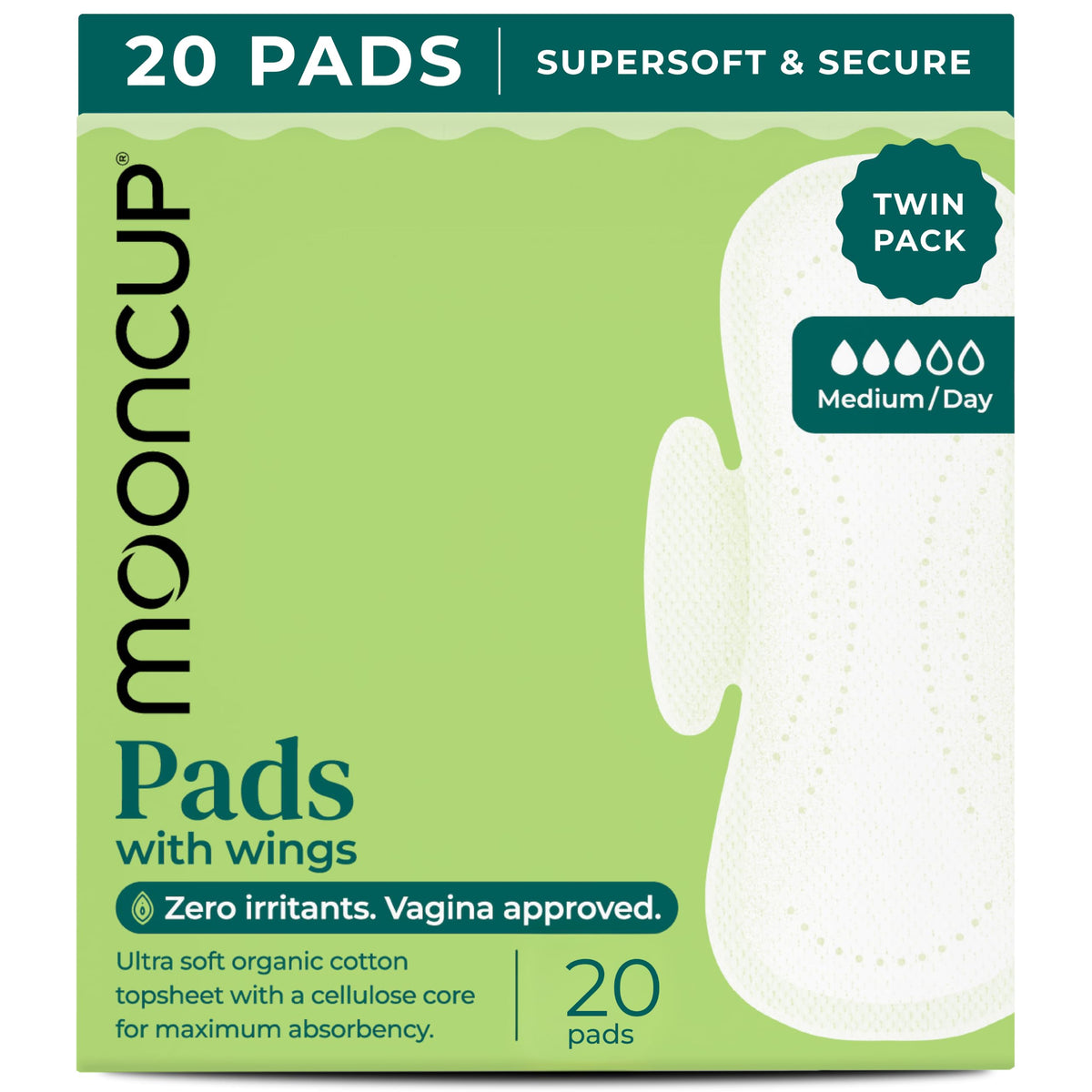 Mooncup Pads with Wings - Biodegradable Pads Made with Organic Cotton for Irritation-Free Period Care - Leakproof, Plastic-Free, Highly Absorbent Protection for Sensitive Skin - (20) Heavy/Night