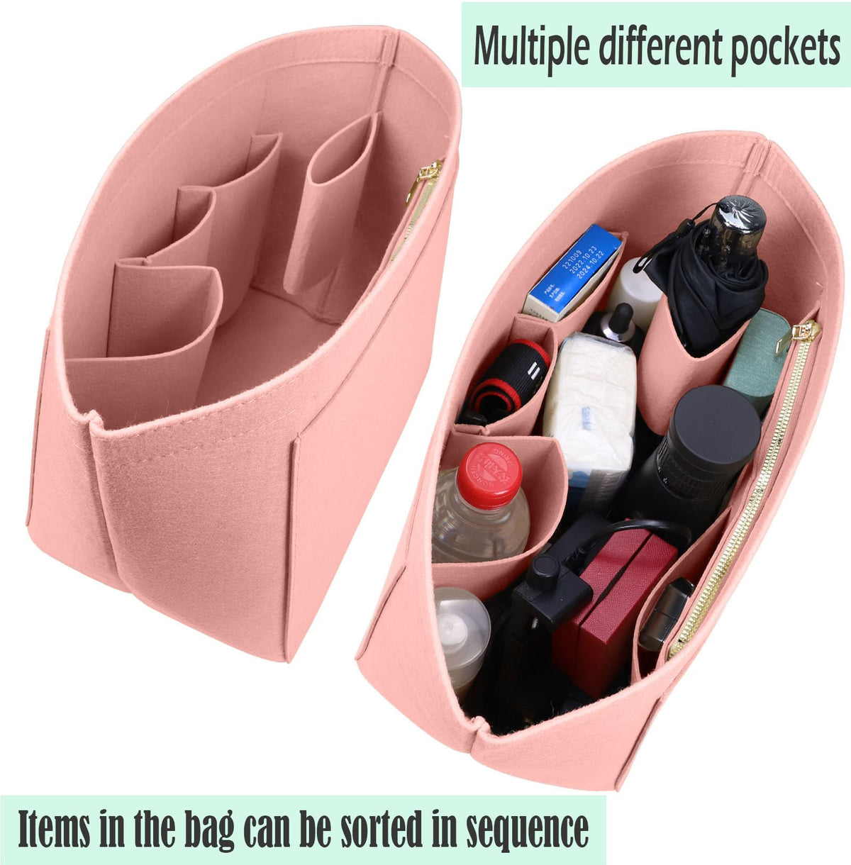 Lckaey tote bag organizer insert for Longchamp le pliage large tote insert felt purse zipper bag organizer 1028pink-S