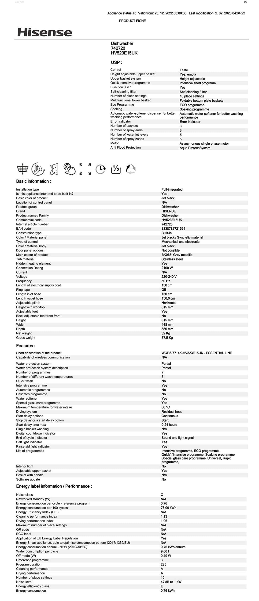 Hisense Fully Integrated Standard Dishwasher - Silver with Fixed Door Fixing Kit HV623D15UK - D Rated