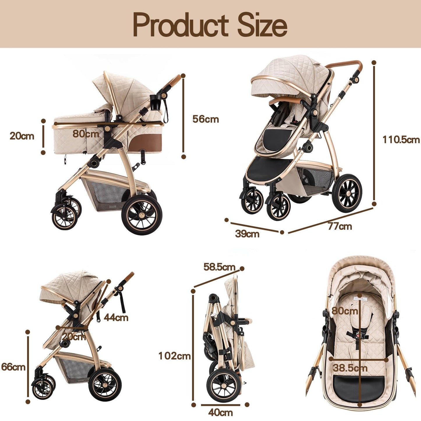 Gcarebb 3 in 1 Prams Travel System, Pushchair with Height Adjustable Handle, Travel Pram with Mosquito Net, Baby Stroller with Aluminum Frame for Newborn 0-4 Years
