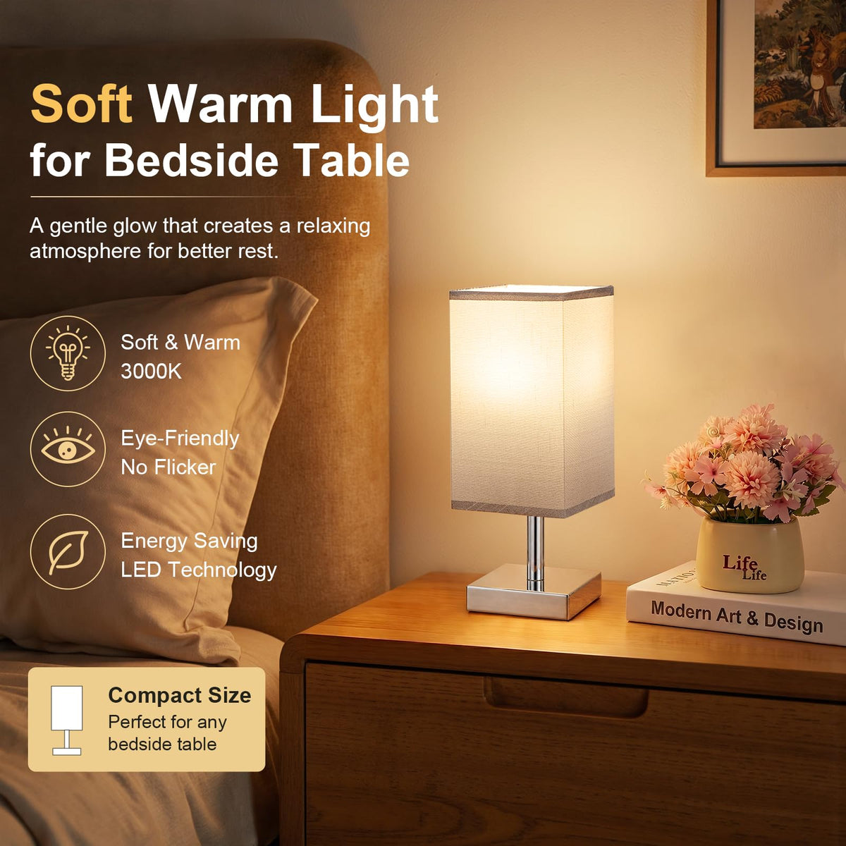 White Table Lamp for Bedroom, Small Bed Lamp with for Bedroom, Silver Base(Bulb Included)