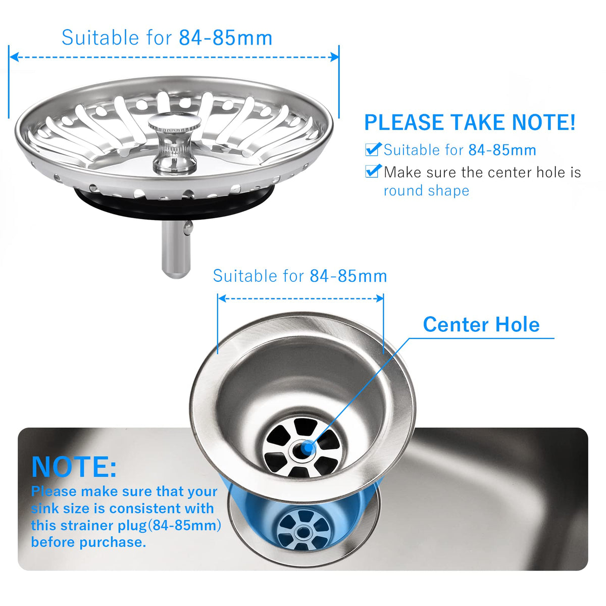Upgraded Kitchen Sink Plug Strainer Stainless Steel Strainers Sink Plugs Replacement Drain Stopper for Food/Hair Catcher - UK Sinks Hole Diameter (78mm)