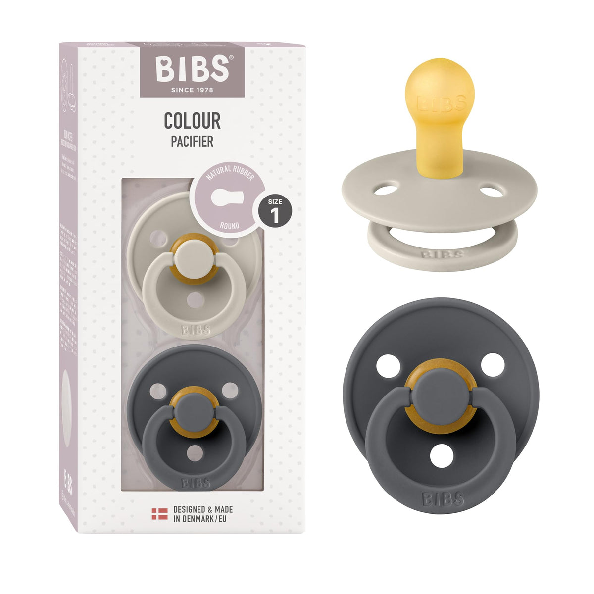 BIBS Colour Soother 2-Pack, BPA Free Dummy Pacifier, Round Nipple. Natural Rubber Latex, Made in Denmark, Size 2 (6-18 Months), Baby Blue