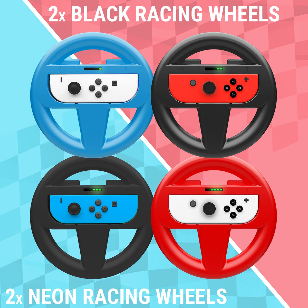 Orzly Racing Steering Wheels – Compatible with Switch 2 (2025 Console) – Party Pack of 4 Joy-Con Controller Attachments for Racing Games (2 Black, 1 Blue, 1 Red)