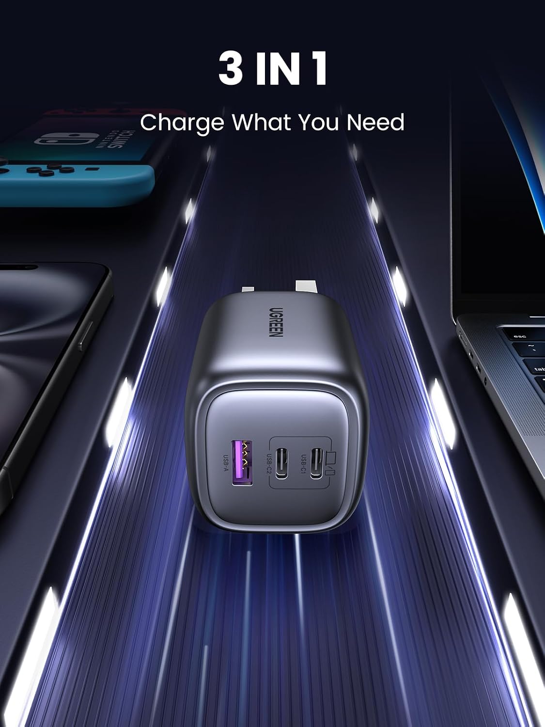 UGREEN USB C Plug 65W Nexode Foldable GaN Fast Charger 3-Port Charger