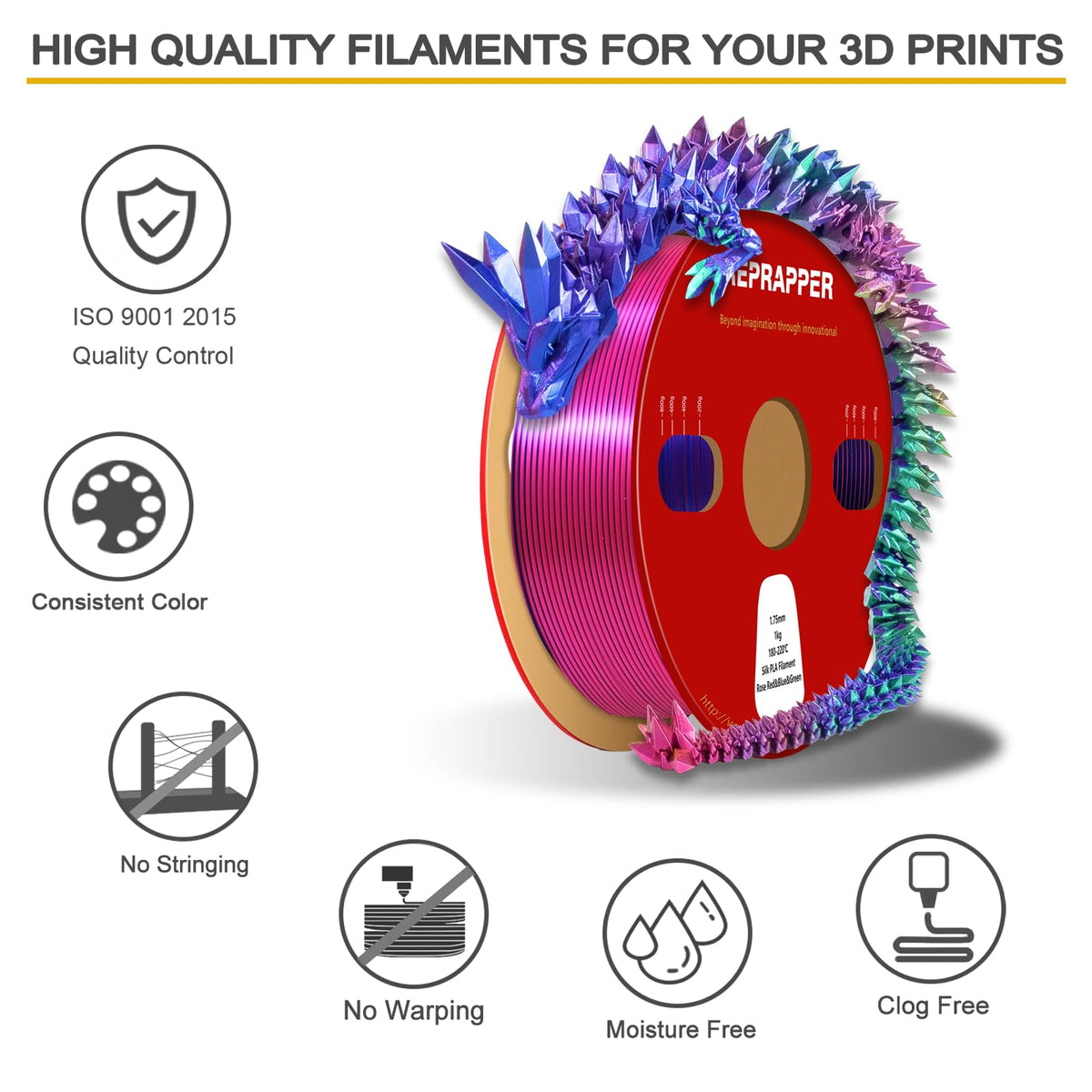 Reprapper 4X 250g Color Pack – Dual Color PLA Filament 1.75mm for 3D Printer & 3D Pen, Multicolour Filament, 4 x 250g Matte Red/Blue, Matte Purple/Green, Silk Red/Blue, and Silk Purple/Green