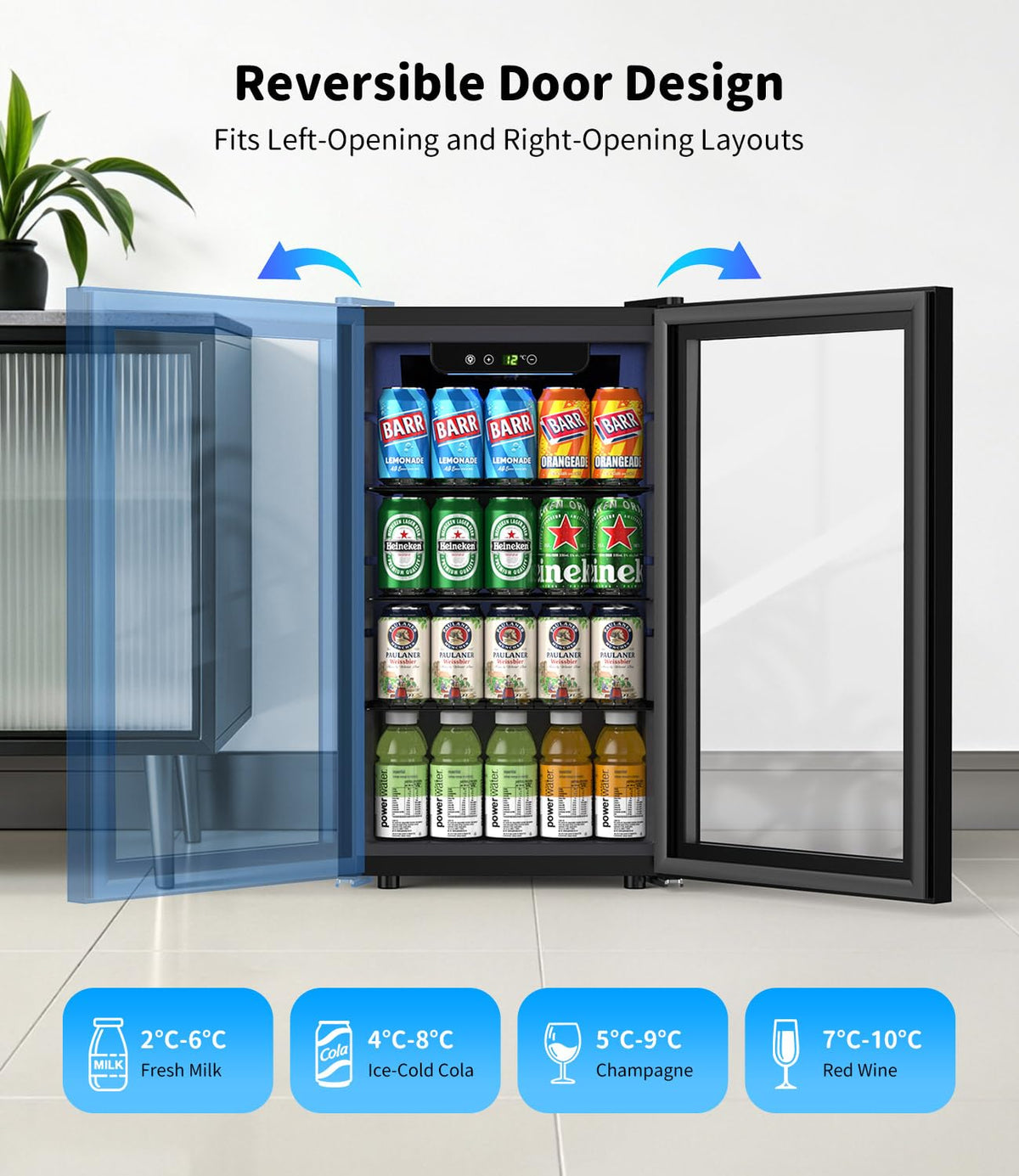 WIE 48L Drinks Fridge with Glass Door, Beer Fridge for 68 Cans or 12 Wine Bottles, Mini Fridge 4-16°C Touch Control, Quiet Beverage Refrigerators with LED Light, Reversible Door for Home, Bar, Office