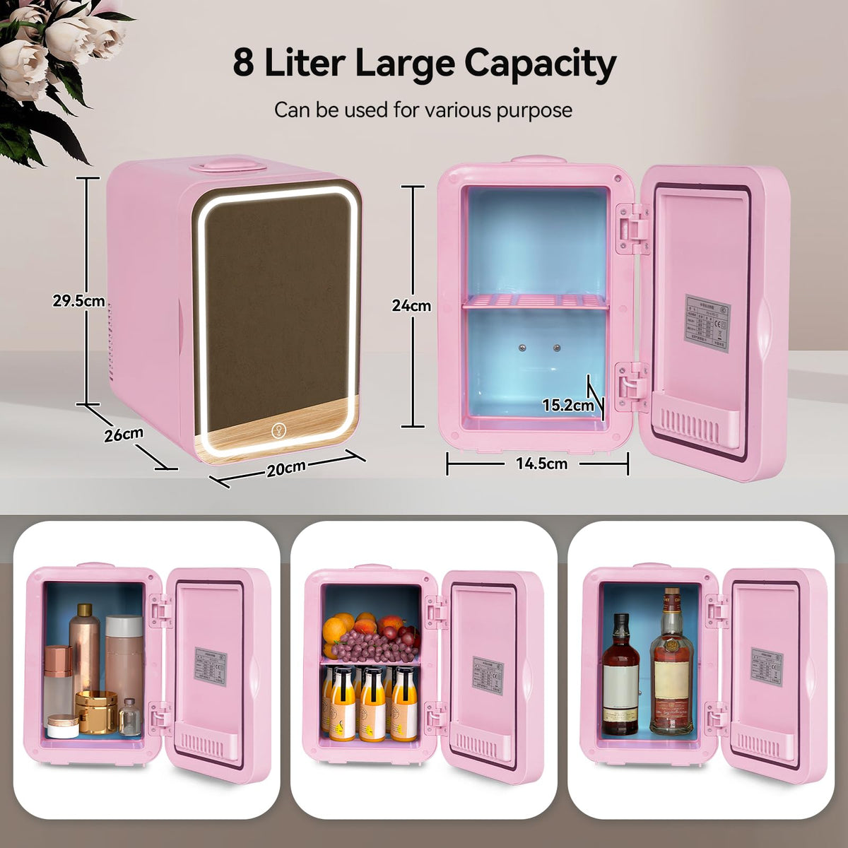 ARTETHYS Mini Fridge for Bedrooms, 8L Skincare Fridge with LED Mirror