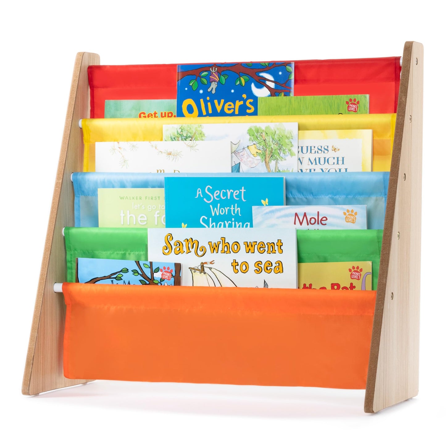 LIVIVO Colorful Kids Bookshelf - 4 Tier Children's Bookcase, Magazine and Book Storage Rack, Wooden Sling Book Organizer, Book Shelf for Kids Room, Bedroom, Nursery, Playroom (Natural)