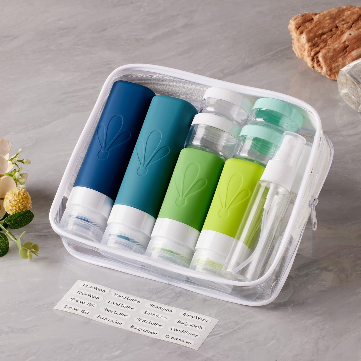 INSFIT Travel Bottles for Toiletries, 17 Pack Leakproof Travel Size Toiletries, Airplane Travel Essentials, Holiday Essentials for Women and Men with Labels/Clear Bag