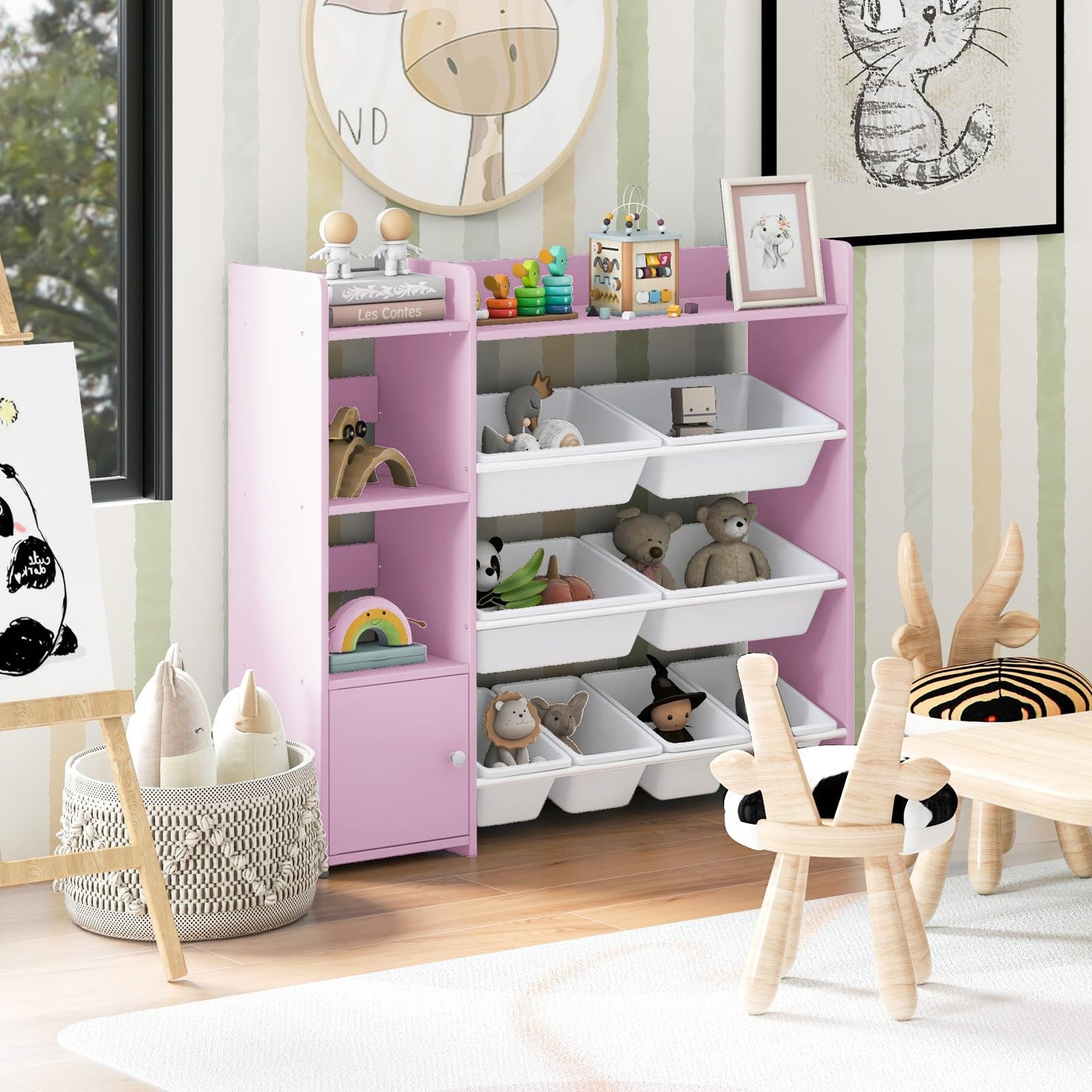 GYMAX Toy Storage Organizer, 4 Tiers Kids Bookshelf and Toy Storage Unit with 8 Bins, Open Shelves and Enclosed Cabinet, Children Bookcase for Playroom Bedroom Nursery (Pink)