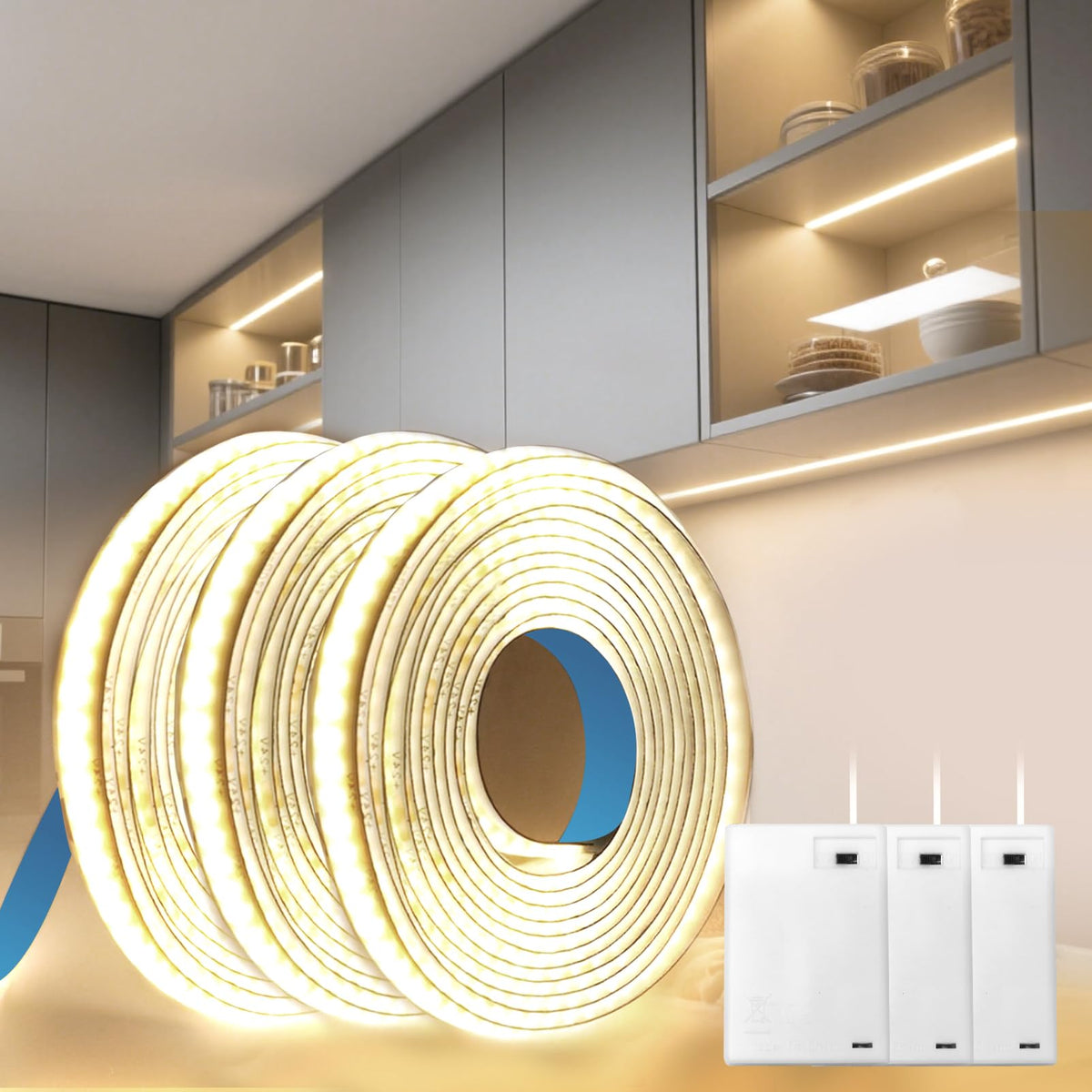 BAGZY Battery LED Strip Light COB 2M 5V Battery Powered LED Strip Tape Lights Cool White 6000K Self Adhesive Flexible Uniform Dotless Cuttable 320LEDs/M for Kitchen Mirror Bedroom Cabinet Decor