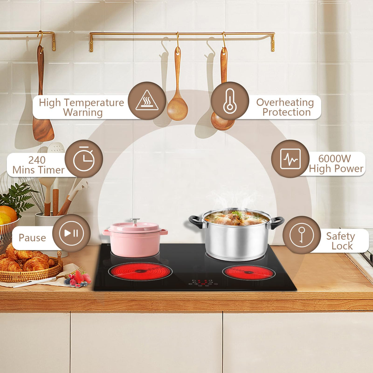 Karinear Electric Ceramic Hob 60cm 4 Zones with Built-in Extractor Hood