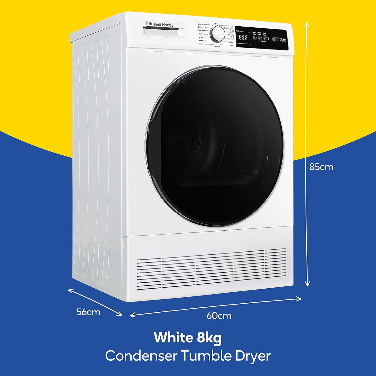 Russell Hobbs Freestanding Condenser Dryer Electric Tumble Dryer 15 Programmes 8kg Capacity 3 Heat Settings LED Display DelayStart Anti-Crease Child Lock Black Clothes Dryer RH8CTD111B