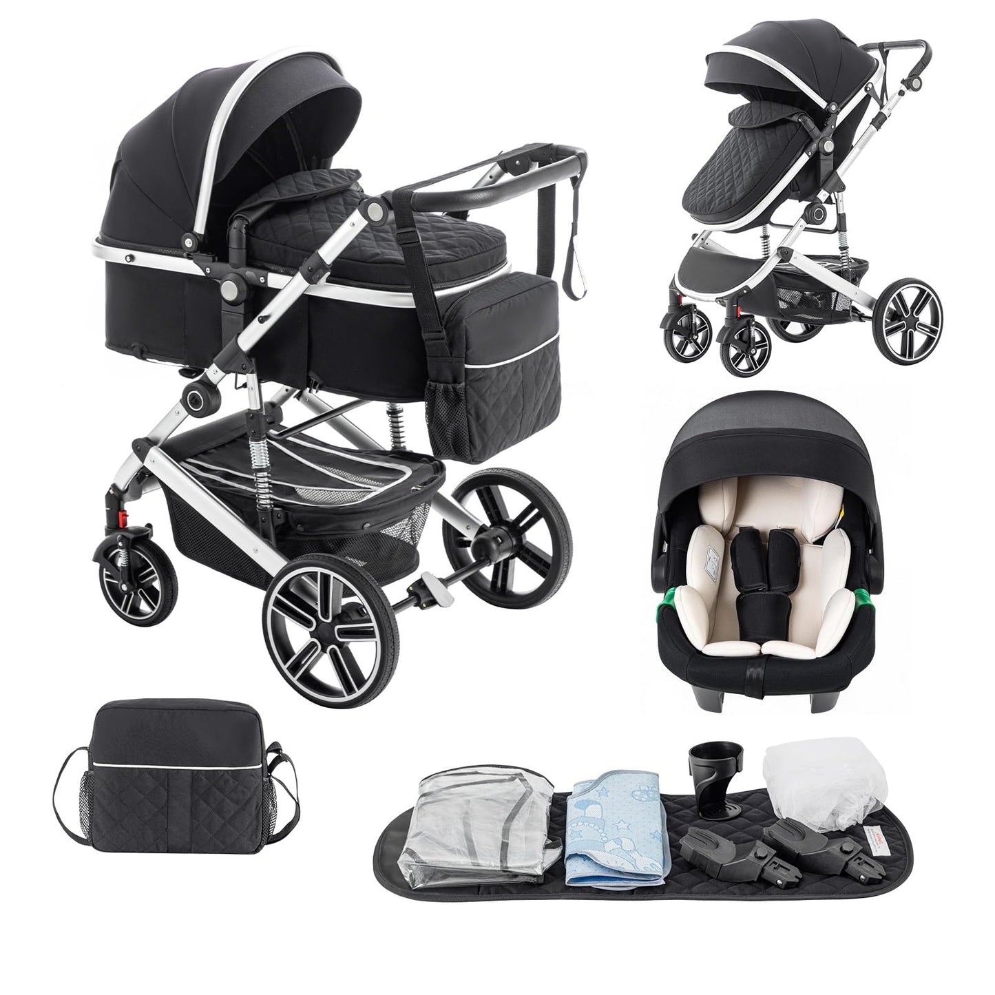 Baby Stroller 3 in 1,Travel Pushchair's Lie-Flat Pram is Foldable, Stroller System Handle is Adjustable, The Wheels are Made of PU Material, Suitable for 0-3 Years-Khaki