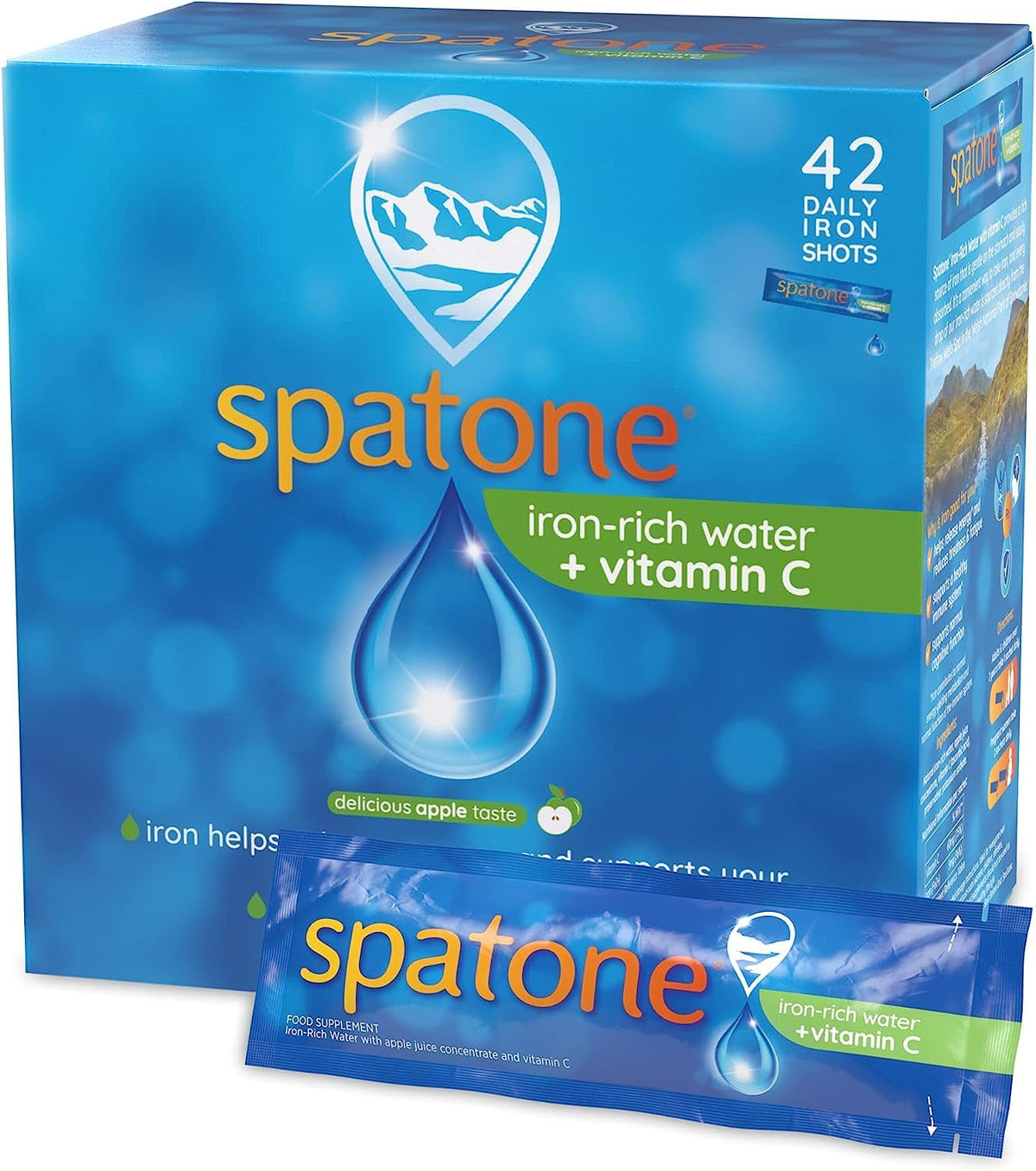 Spatone Natural Iron Supplement + Vitamin C (28 Sachets), Daily Convenient Liquid Iron Sachets, Nothing Artificial, Better Absorption than Tablets, Less Side Effects, Apple Flavour