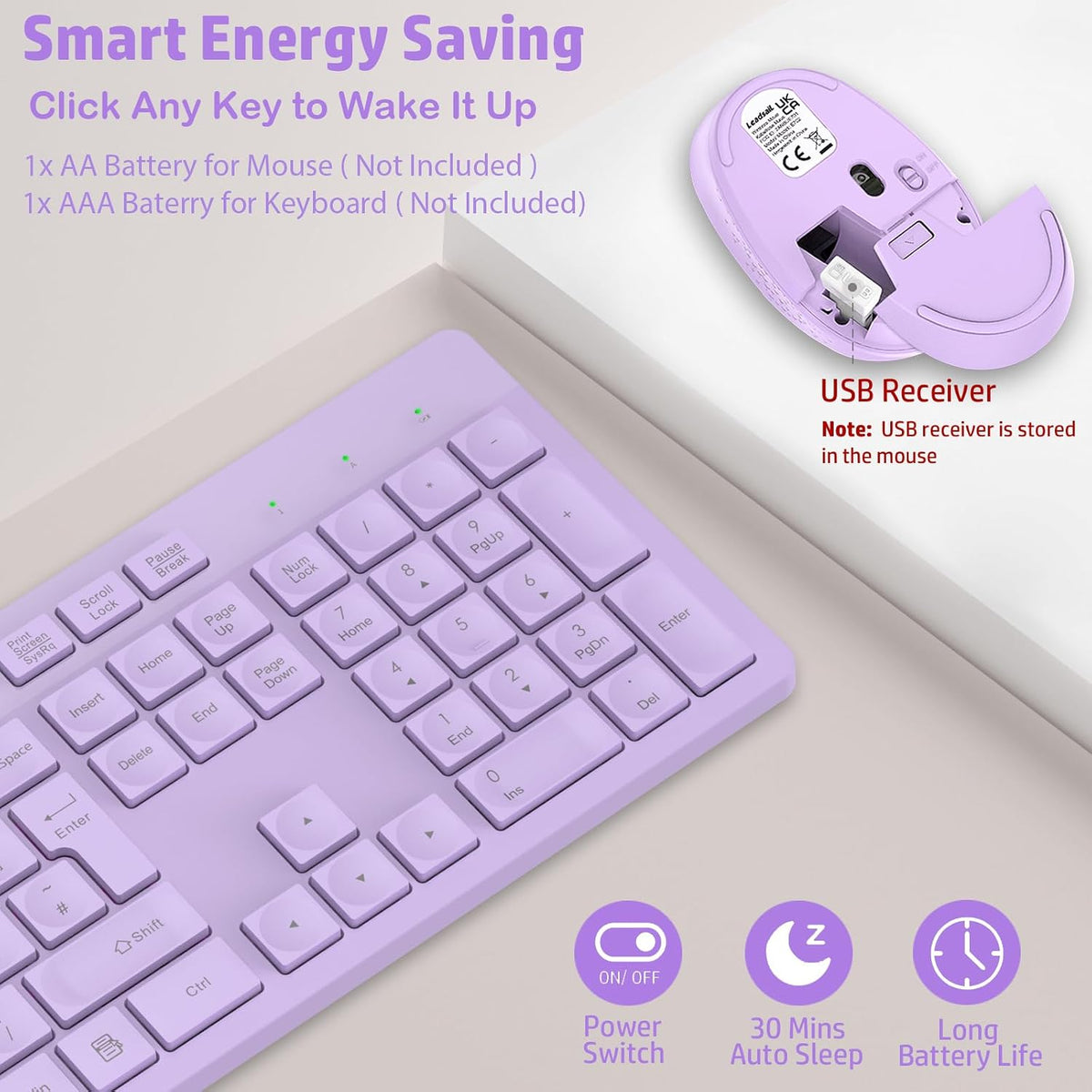 LeadsaiL Wireless Keyboard and Mouse Set, 2.4GHz USB Computer Keyboards and Mouse Combo, Full Size UK QWERTY Layout, Ergonomic Design with 12 Multimedia Shortcuts for HP/Lenovo Laptop and Mac-Purple