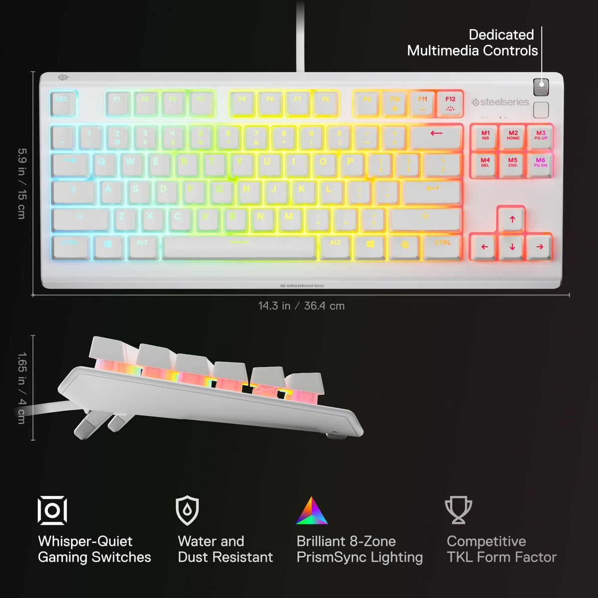 SteelSeries Apex 3 TKL Gaming Keyboard - Silent Keyboard, Tenkeyless PC Keyboard - 8-Zone RGB Illumination - IP32 Water & Dust Resistant - English QWERTY Layout, Black