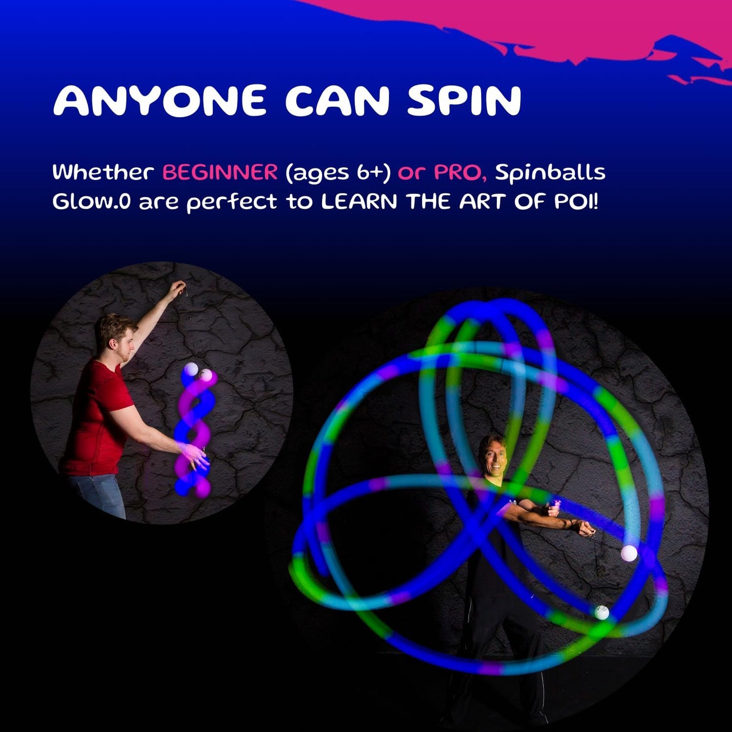 Spinballs LED Poi Balls Glow.0 – USB Rechargeable LED Poi Spinners – 22 Vibrant Color Light Modes and Patterns – Lightweight, Soft-Core LED Poi Spinning Balls with Adjustable Double-Loop Leashes