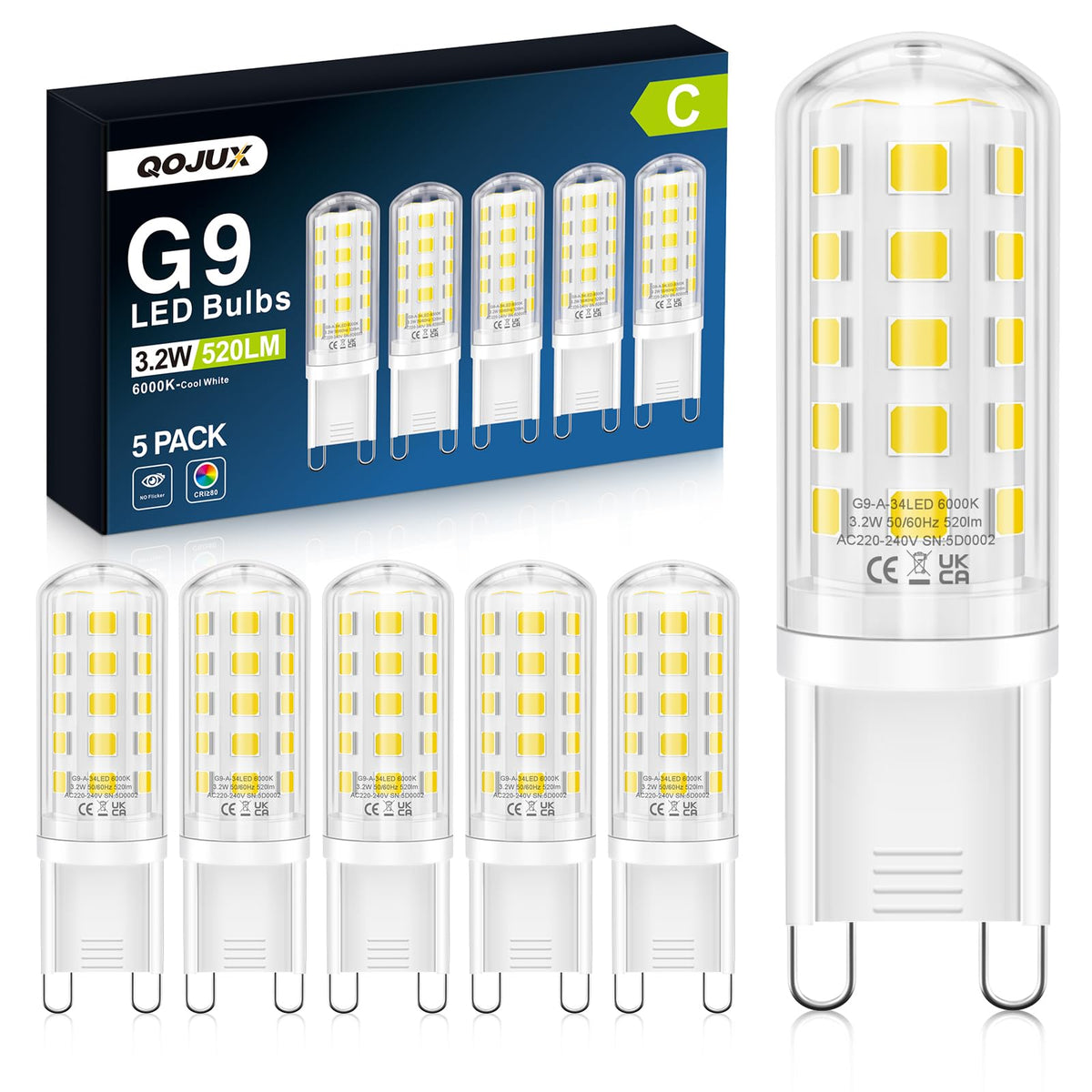 3.2W G9 Led Bulbs Cool White, Energy Class C 34 LEDs 520LM G9 Bulb, 10 Pack